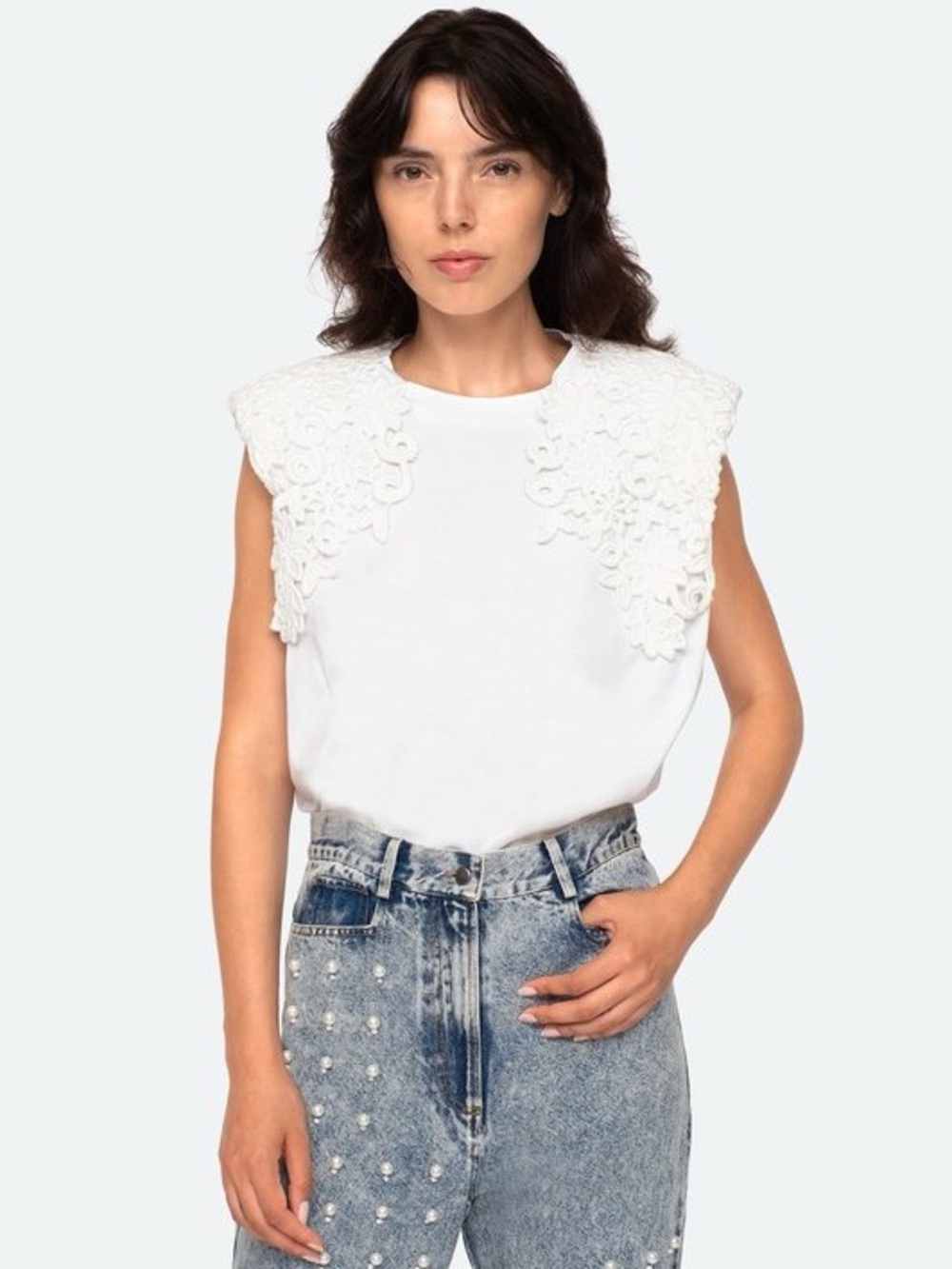 SEA Lace Applique Zandra White Cotton Tee
